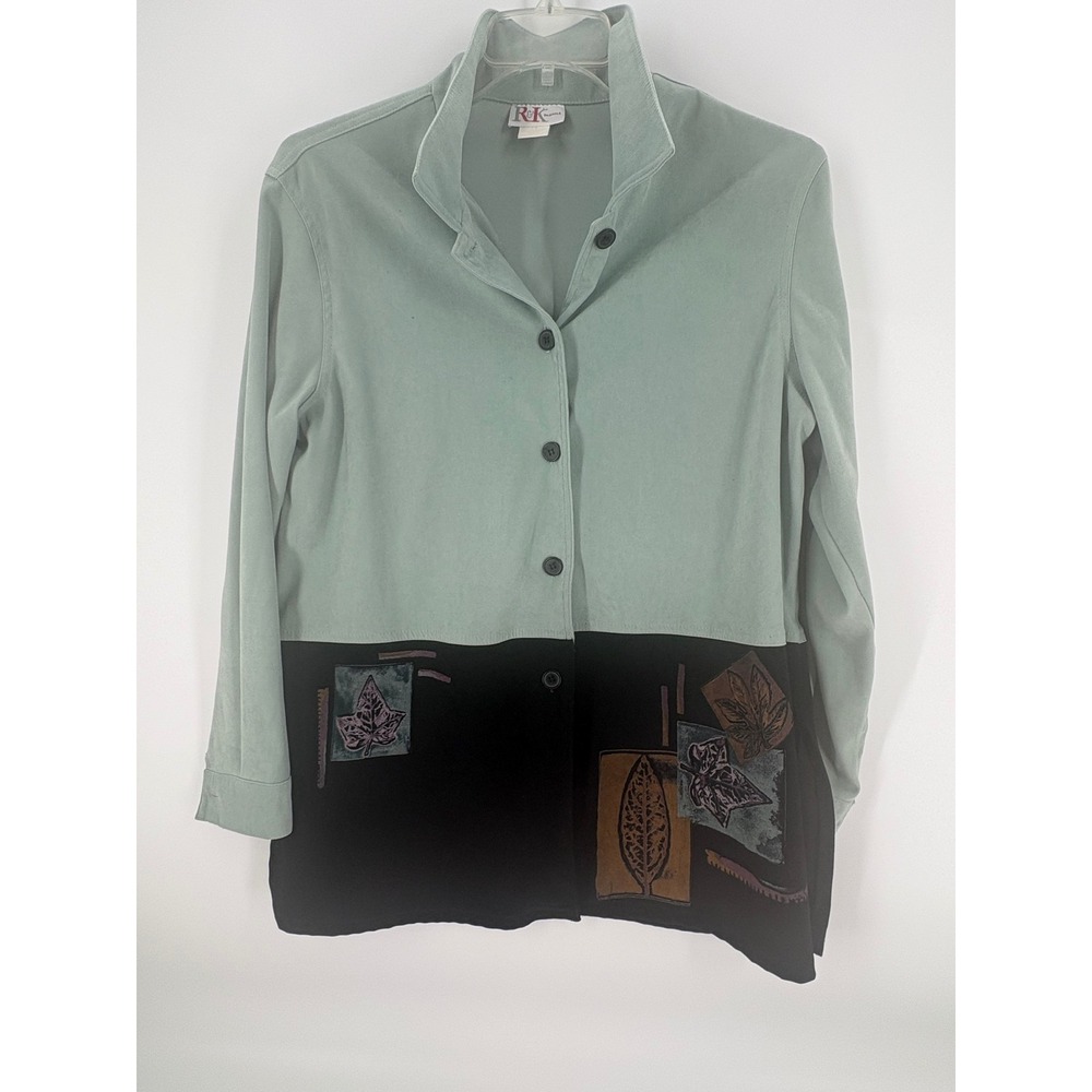 R&K Originals Women's Button Down Top Green Black Leaf Print Size 14